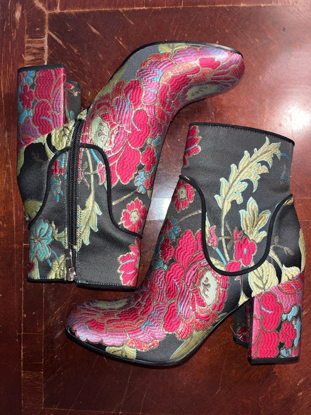 Marc Fisher Black Ankle Boots with Red Floral Embroidery - Picture 2 of 10